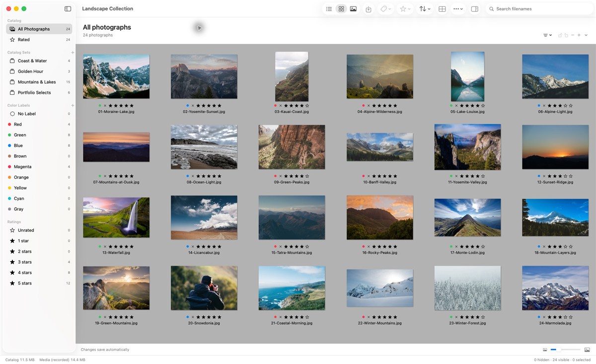 Lightbox Pro on macOS showing 24 landscape photographs with thumbnail ratings, color labels and catalog sets in the sidebar.