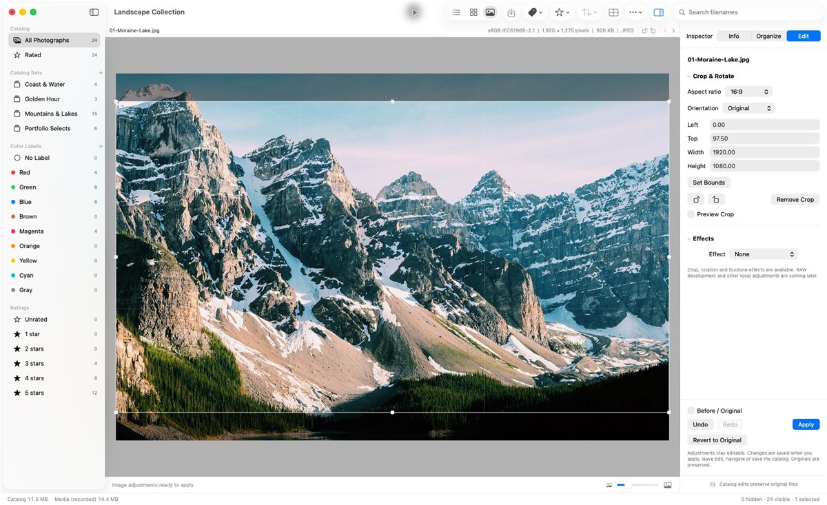 Lightbox Pro showing a mountain photograph with a sixteen-by-nine crop rectangle, on-image handles, numeric bounds and the native Edit Inspector.