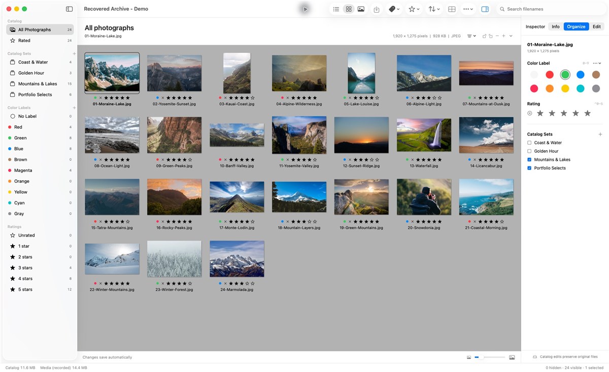 A generated iView .ivc demonstration catalog reopened in Lightbox Pro, showing 24 resolved photographs, four catalog sets, ratings, labels and the Organize Inspector.